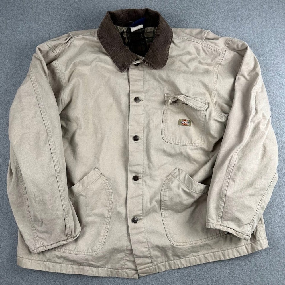 Dickies Mens Chore Coat Jacket Beige Corduroy Collar Plaid Lined XX Large